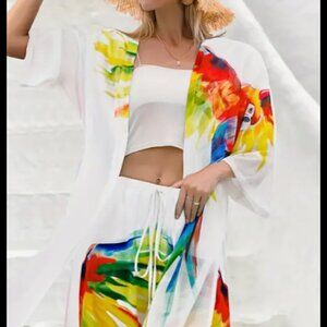 Swimsuit coverup set white with parrot print